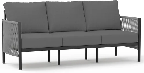Vista 9 de Sofá de dos plazas de aluminio para patio exterior, sofá de patio de cuerda HDPE con cojín grueso lavable, muebles de patio para todo tipo de clima