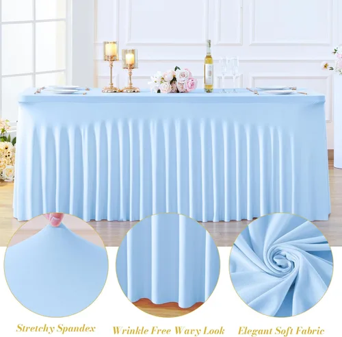 Vista 5 de Paquete de 2 manteles color azul bebé para mesas rectangulares de 6 pies, mantel ajustable de elastano, fundas de mesa elásticas de 6 pies, manteles
