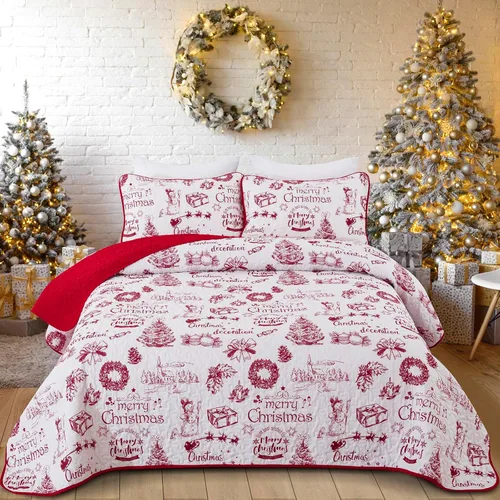 Xruibed Juego de edredón navideño tamaño Queen, con diseño de muñeco de nieve en aldea navideña, colcha con fundas de almohada, edredón rojo con