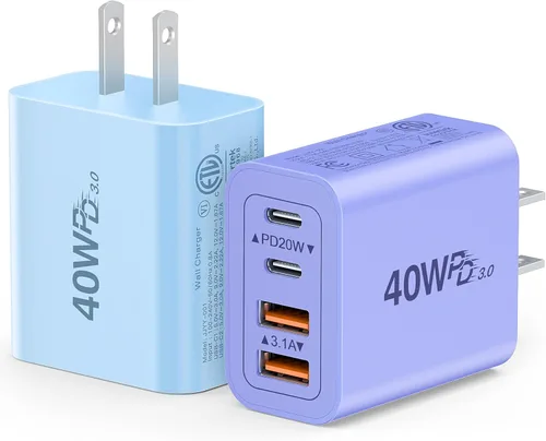 Vista 12 de [Paquete de 2] Cargador de pared USB C, cargador tipo C de 40 W, bloques de 40W 2Pack Azul bebé