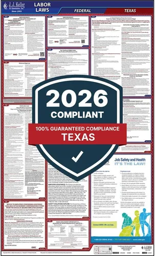 Póster de la ley laboral federal y de Texas 2025 con compensación laboral (inglés, estado de TX) - Póster laminado todo en uno que cumple con la