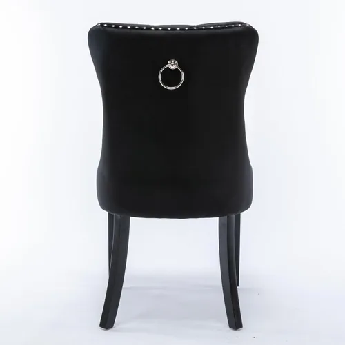 Vista 5 de Silla de comedor tapizada de terciopelo con respaldo copetudo y patas de madera, silla auxiliar moderna decoración de remaches, para comedor
