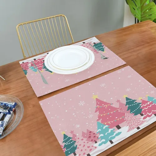 Vista 5 de ALAZA Manteles Individuales de Árbol de Navidad Rosa Copo de Nieve Blanco de Invierno Navideños para Mesa de Comedor Mantel Individual 1 Pieza