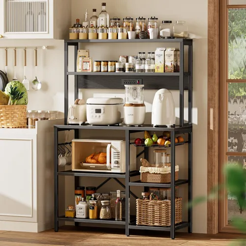 Vista 2 de SUPERJARE Estante de panadería con toma de corriente, barra de café de 35.4 pulgadas con canasta de alambre, soporte para microondas de cocina con 6