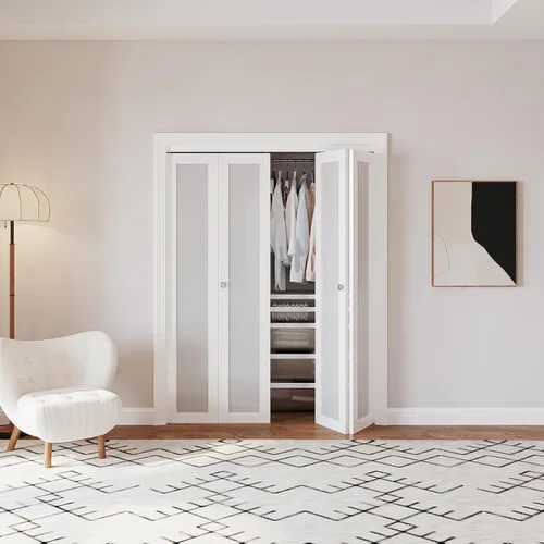 Vista 9 de Puertas plegables, puerta de vidrio esmerilado de 24 x 80 pulgadas con perilla y kit de herramientas, puerta interior plegable