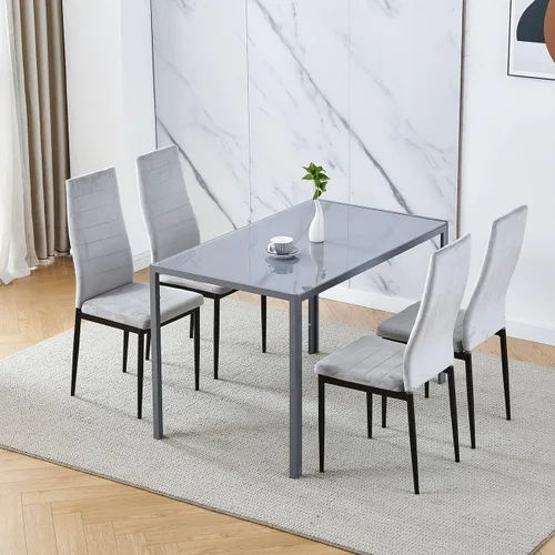 Vista 9 de Moderna mesa de comedor negra de 5 piezas con sillas para 4 personas, mesa de comedor de vidrio templado y sillas de cocina, juego de 4 piezas