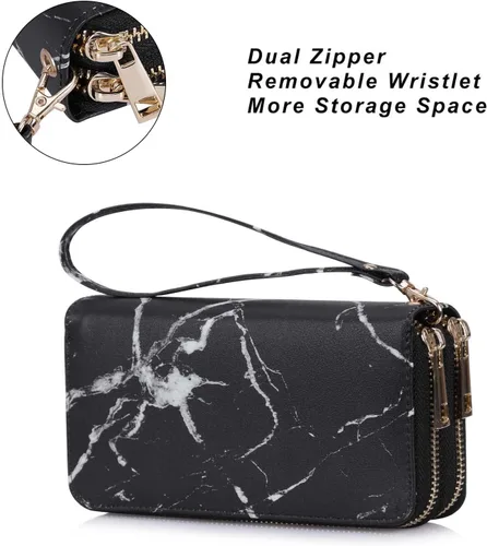 Vista 4 de Cartera de teléfono celular para mujer con doble cremallera y correa de muñeca extraíble