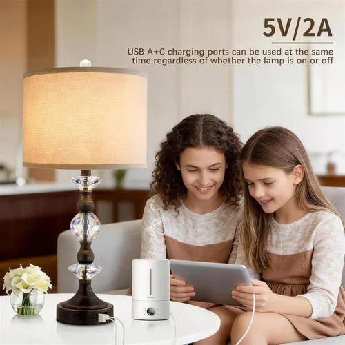 Vista 5 de Juego de 2 lámparas de mesa de cristal de 25.5 pulgadas para Bredroom, lámparas de mesita de noche de bronce con puertos de carga USB A+C