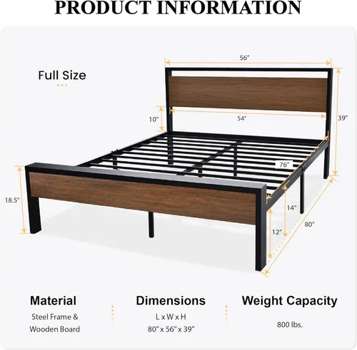 Vista 2 de SHA CERLIN Base de cama de plataforma metálica de tamaño completo de 14 pulgadas con cabecero y pie de cama de madera, base de colchón, no necesita