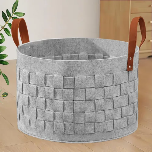 Vista 13 de BOLDMONEKY Cesta para Mantas 20" x 20" x 11.8", Canasta Redonda Grande para Ropa Sucia con Mango de Cuero, Cesta Tejida Suave para Juguetes de Perro