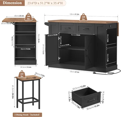 Vista 7 de Keyluv Isla de almacenamiento de cocina con 2 taburetes, carrito de cocina móvil de 51 pulgadas con hoja de caída y toma de corriente, mesa de isla