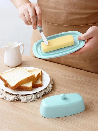 Vista 3 de Yedio - Mantequillera de cerámica con tapa para encimera y refrigerador, soporte de mantequilla de 8 pulgadas con asa de perilla de cubierta