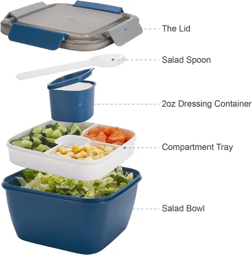 Vista 2 de Freshmage - Recipientes de ensalada para llevar, tazones de 52 oz con 3 compartimentos, recipiente para aderezos para aderezos, para hombres