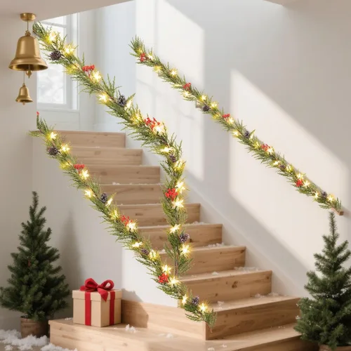 Vista 8 de Guirnalda de Navidad con luces de 6.5 pies, 20 LED de nieve, guirnalda de pino con luces, funciona con pilas, con bayas rojas, conos de pino