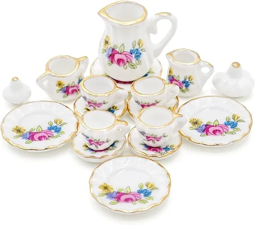 Vista 15 de Odoria Juego de té de porcelana en miniatura 1/12, 15 piezas, accesorios de decoración de casa de muñecas, gato