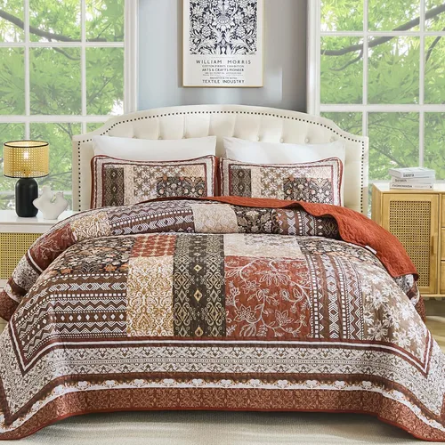 Vista 16 de WONGS BEDDING Juego de edredón bohemio tamaño Queen, juego de colcha de retazos beige de 3 piezas, juego de ropa de cama de microfibra suave