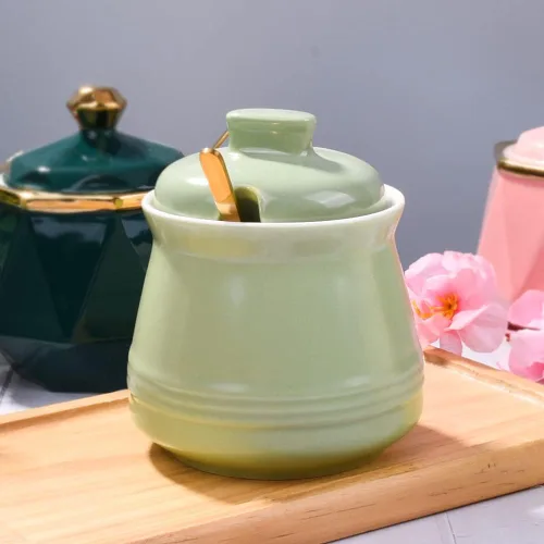 Vista 2 de Azucarero con tapa y cuchara, tazón de azúcar de cerámica, contenedor de azúcar multifunción para especias, tarro de sal, condimentos, tarro