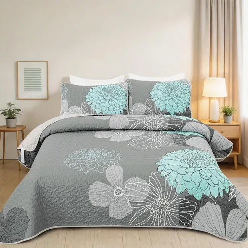 Anibedding Juego de edredón con estampado floral verde, tamaño King, colcha de 3 piezas, elegante colcha de flores bohemias con 2 fundas de Gris
