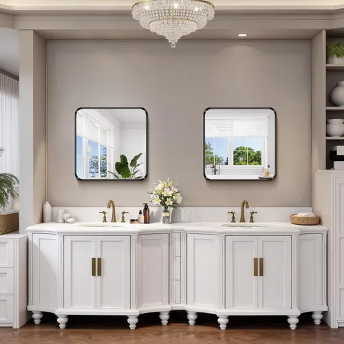 Vista 2 de FORBATH Espejo de baño de 24 x 24 pulgadas para pared, espejos de tocador con marco de metal negro para sobre el fregadero, espejo rectangular