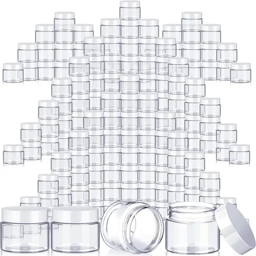 Vista 9 de SATINIOR 100 tarros de plástico con tapas, recipientes pequeños, tapas de boca ancha, pequeños recipientes de plástico para loción, crema, diamantes