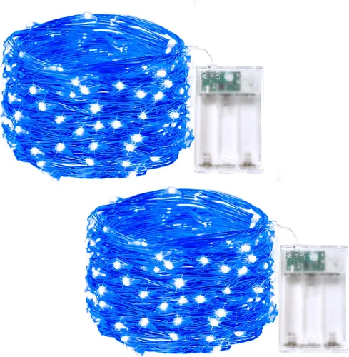 Vista 45 de Paquete de 2 guirnaldas de luces LED, funcionan con pilas, 5 m, 50 luces intermitentes, temporizador, impermeables, para habitaciones, bodas