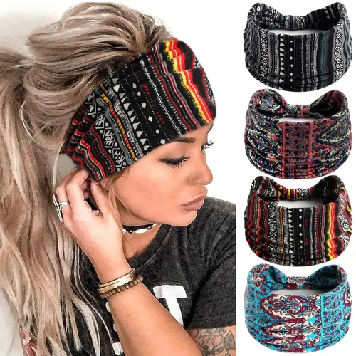 Vista 13 de FULZTEY Diademas Boho para mujer, diademas elásticas vintage con estampado de tela, banda de pelo anudada ancha, bandas de pelo suaves de algodón