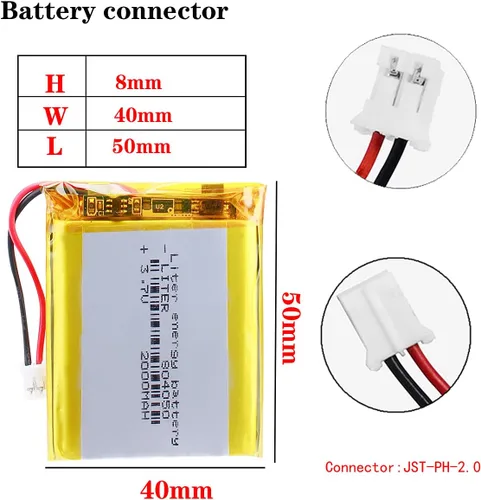 Vista 2 de Liter 3.7V 2000mAh 804050 Lipo Batería recargable Batería de iones de polímero de litio con conector JST 0.079 in