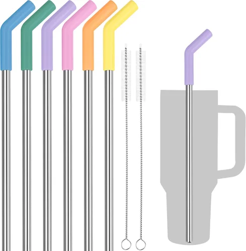 Vista 12 de Tomorotec Morandi Colors - Paquete de 6 pajitas de acero inoxidable con punta de silicona para vasos Stanley de 30 onzas con 2 cepillos de limpieza
