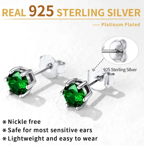 Vista 8 de ChicSilver Aretes de plata de ley 925 con forma de corazón brillante, redondaprincesa con piedra natal para mujer, joyería de cumpleaños