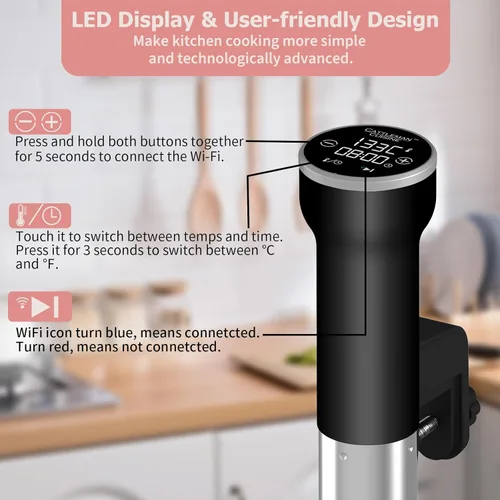 Vista 6 de Kit WiFi de cocina Sous Vide, 1000 W, impermeable, máquina Sous Vide, circuladores de inmersión para kit de cocina Suvee con bolsas de vacío, bomba