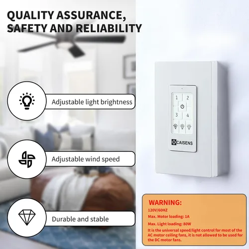 Vista 5 de Ventilador de techo universal con control de pared con interruptor de cuatro velocidades y atenuador de luz LED/incandescente, interruptor de pared