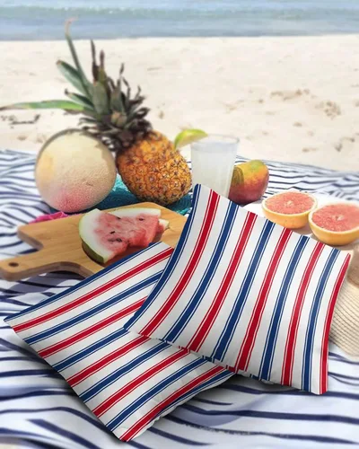 Vista 3 de Juego de 2 fundas de almohada impermeables para sofá, fundas de almohada decorativas de líneas rojas y azules a rayas de 18 x 18 pulgadas