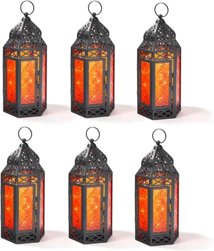 LampLust Farol marroquí con luces, juego de 6, 11 pulgadas, negro y rojo