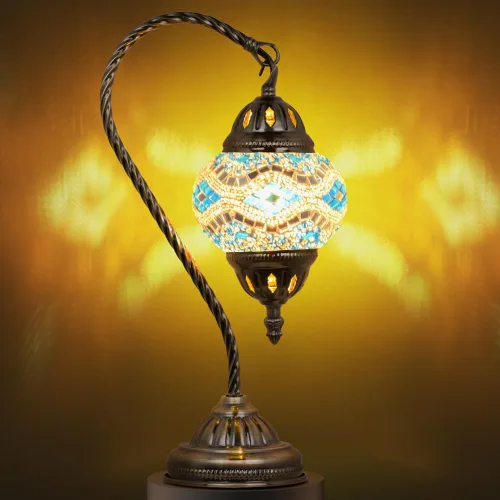 Vista 13 de Marrakech Lámpara de mesa estilo Tiffany, con mosaico turco marroquí hecho a mano, con base de bronce y cuello de cisne, bombilla LED incluida