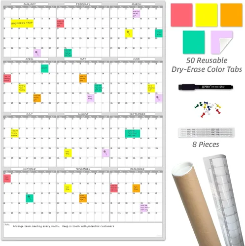 Calendario de pared grande de borrado en seco, calendario de pared anual sin fecha en blanco, pizarra blanca de 38 x 26 pulgadas, planificador