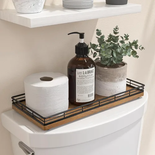 Vista 11 de Bandeja de tocador de baño de madera de acacia, bandeja pequeña de encimera de 11 pulgadas de largo para tocador, mesa, encimera de cocina, barra