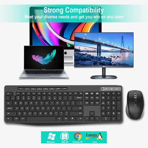 Vista 9 de Combo de teclado y mouse inalámbricos, EarlyLit 2.4G ergonómico de tamaño completo, mouse y teclado USB inalámbricos, 12 teclas de acceso directo