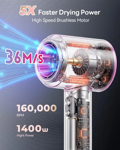 Vista 2 de Hair Dryer, 160000RPM with 500M Ionic Negative, Blow Dryer with Diffuser, Fast Drying Hairdryer for Women and Men, Thermo-Control Lightweight Quiet