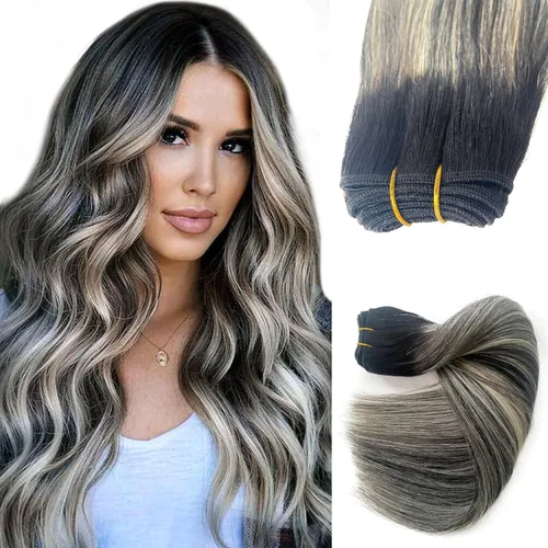 Vista 30 de Extensiones de cabello humano real con clip, rubio ceniza balayage con reflejos rubios, extensiones de cabello humano real Remy con clip, 12