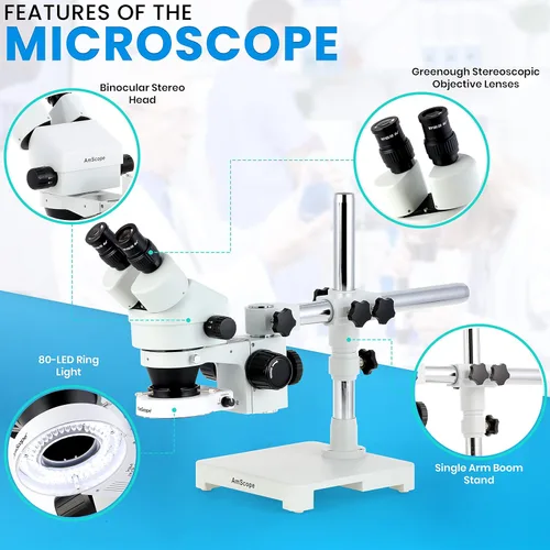 Vista 2 de AmScope SM-3BZ-80S Microscopio estéreo binocular, WF10x, magnificado 3.5X a 90X, poder de objetivo 0.7X a 4.5X, lentes Barlow 0.5X y 2.0X, fuente