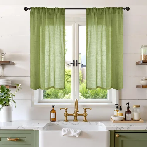 Vista 77 de BGment Cortinas de lino café de 30 pulgadas de largo para ventana pequeña, cortinas de media ventana beige semitransparentes ligeras con bolsillo