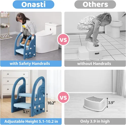 Vista 5 de Onasti Taburete Escalón para Niños Pequeños para Lavabo de Baño, Escalón Ajustable de 2 Pasos para Niños con Asas, Taburete de Inodoro