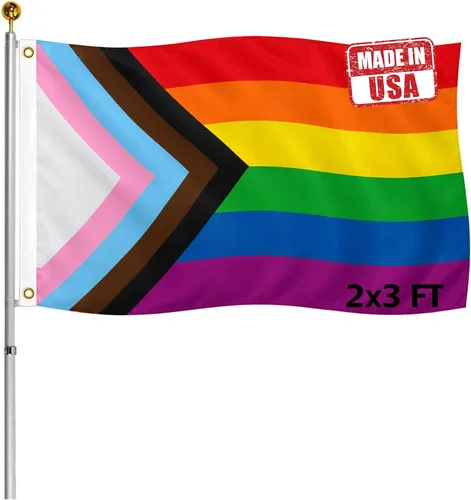Bandera de progreso de doble cara del orgullo gay de 2 x 3 pies para exteriores, 3 capas de nailon 320D resistente LGBTQ todo incluido, cabecera de