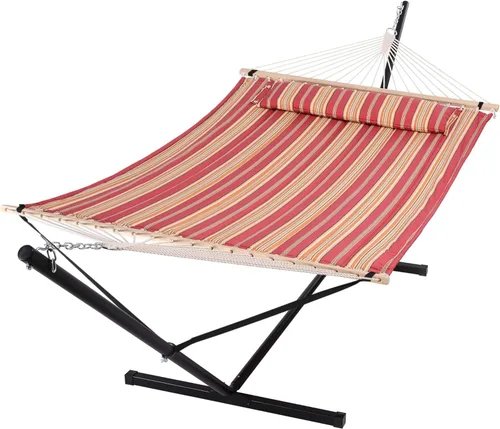 Vista 28 de SUNCREAT Hamaca para dos personas con soporte, capacidad de 475 libras, hamaca portátil para patio con barra separadora de madera dura, almohada