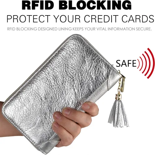 Vista 4 de Easyoulife - Monedero de cuero con cremallera, billetera portatarjetas para mujer, bloqueo RFID