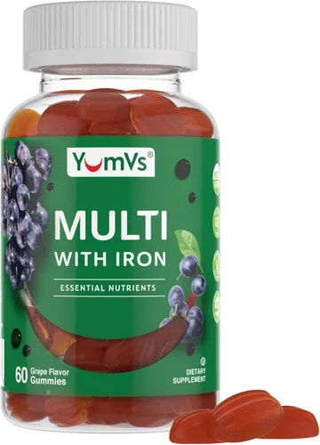 YumVs - Multivitamínico completo y multimineral con gelatinas de hierro (gomas), sabor a bayas (60 quilates); suplemento dietético diario para