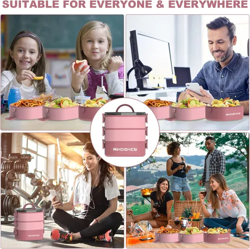 Vista 6 de RIKDOKEN Lonchera apilable de 3 capas, caja Bento portátil de 94 onzas de gran capacidad a prueba de fugas con cuchara, tenedor y cajas de salsa