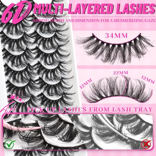 Vista 5 de Veleasha Pestañas postizas de visón sintético, esponjosas, finas, cruzadas, paquete de 10 pares de pestañas postizas para mujer (3D07)