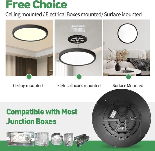 Vista 3 de Paquete de 2 lámparas de techo LED negras de 15.8 pulgadas, 32 W, 3480 LM, 3000 K/4000 K/6000 K CCT seleccionables, luz de panel plano redonda