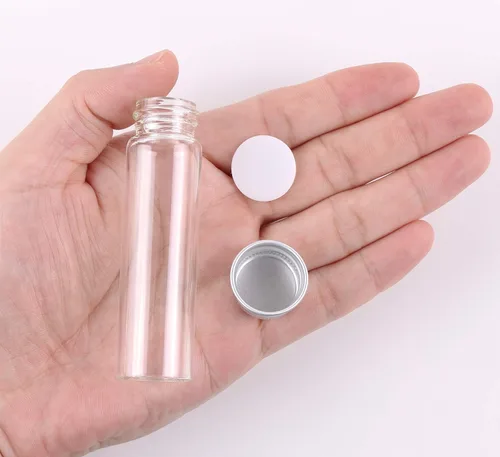 Vista 3 de MaxMau 24 botellas pequeñas de vidrio de 0.7 onzas líquidas con tapas de metal atornilladas, frascos pequeños transparentes, tapas superiores